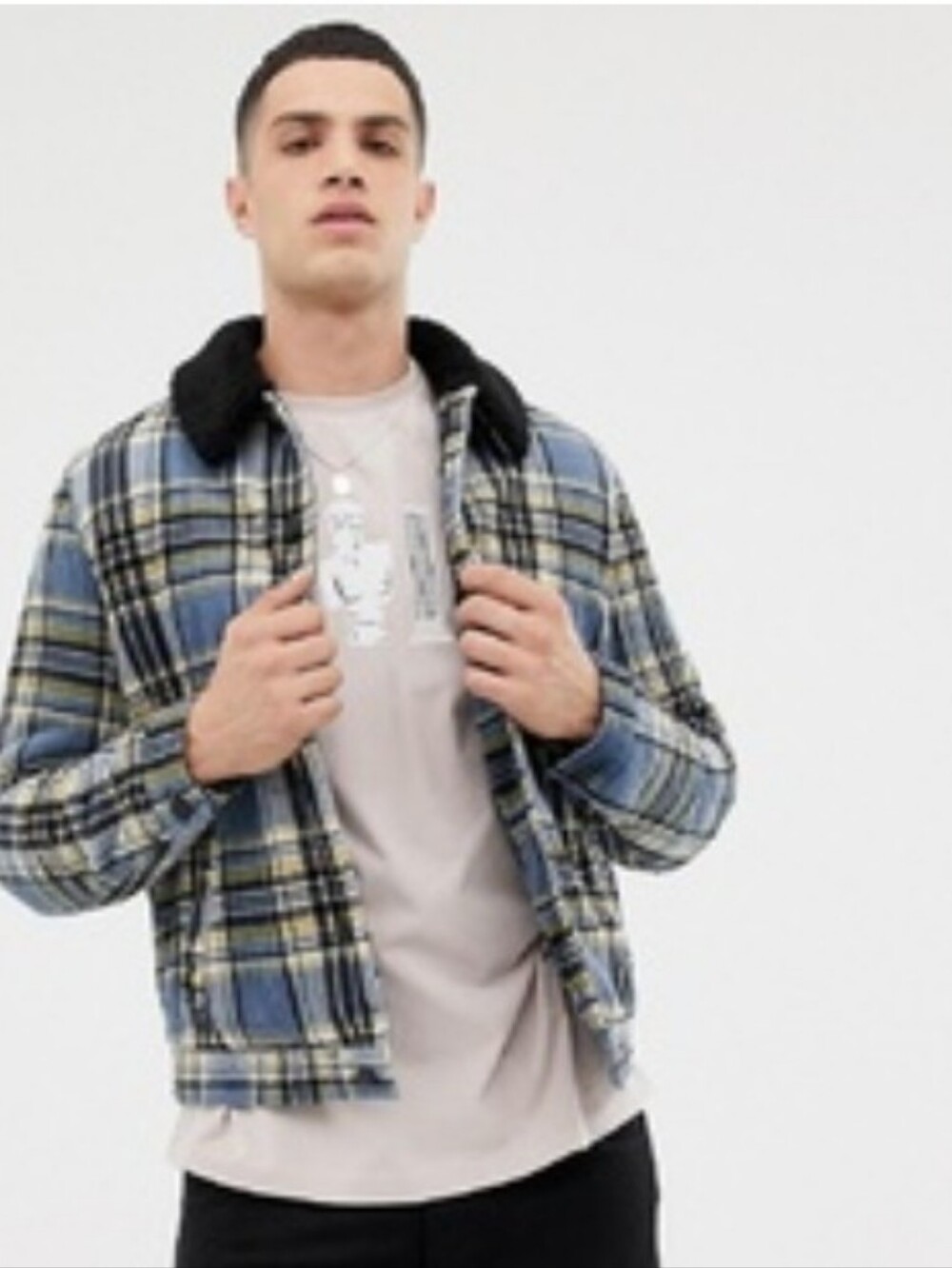 Harrington In Checked Cord With Borg Collar Blue Plaid Shirt Jacket ASOS Size S